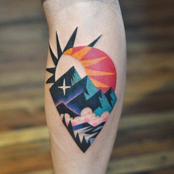 Sun and mountains tattoo by David Côté