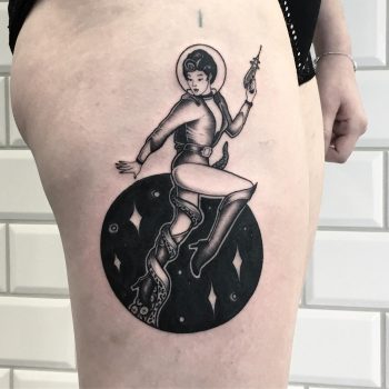 Vintage sci-fi space girl tattoo