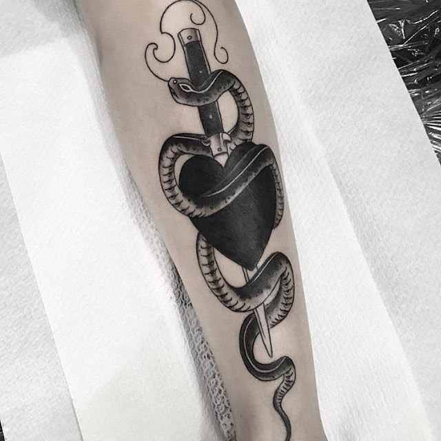 Dagger, heart, and snake by Slum Dog Tattooer