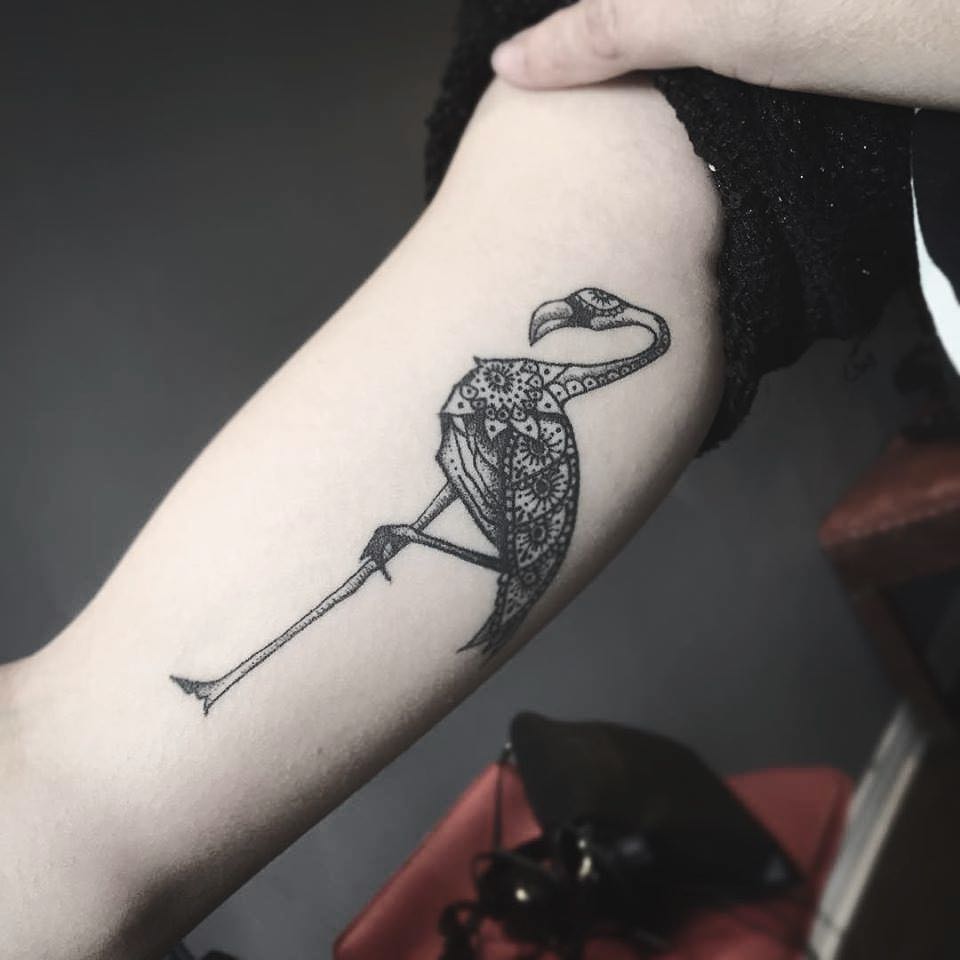 Dot-work flamingo tattoo by Unkle Gregory