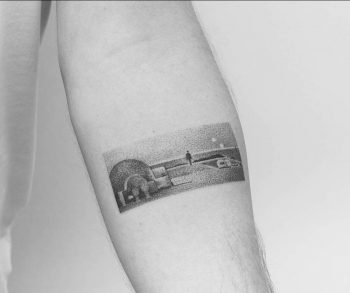 Hand-poked binary sunset scene