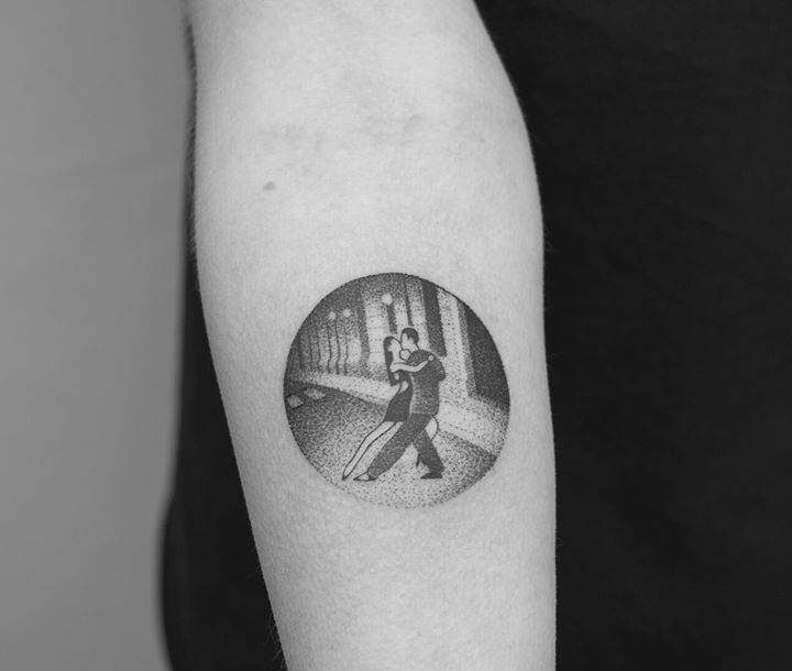 Hand-poked tango dancers tattoo