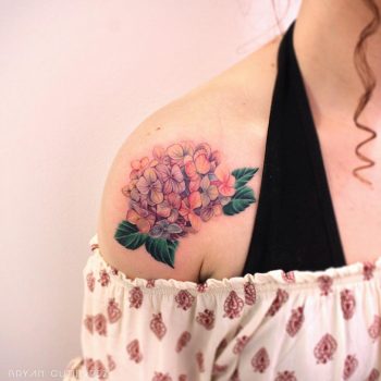 Hydrangea tattoo on the shoulder