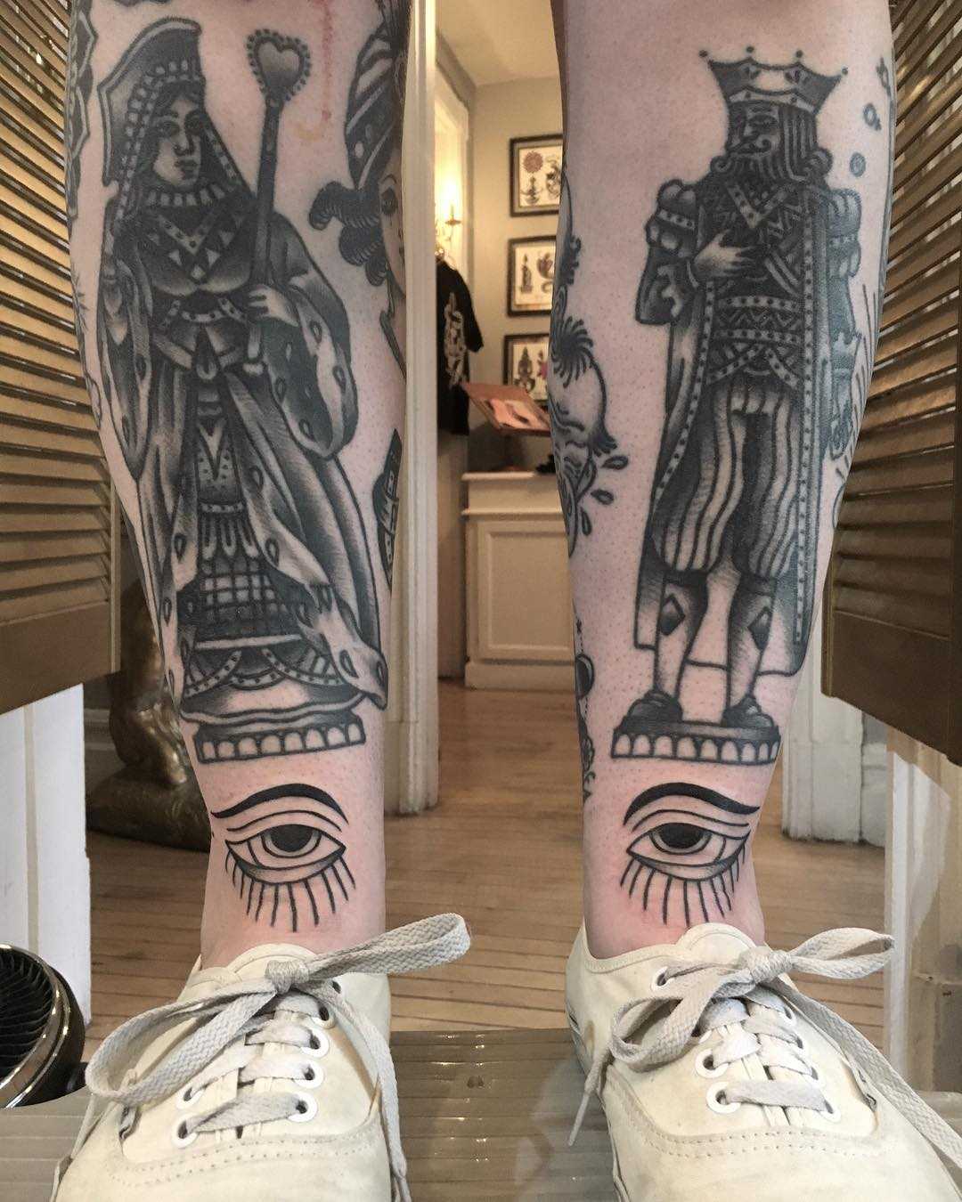 King and queen tattoos on shins