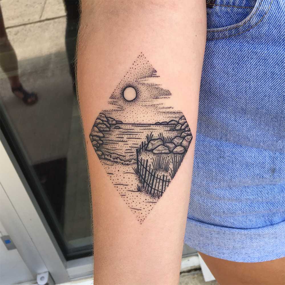 Linework seascape tattoo by Kelly