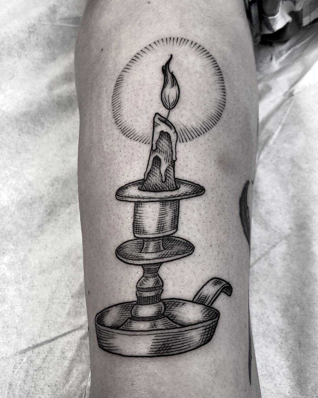 Woodcut candle holder tattoo