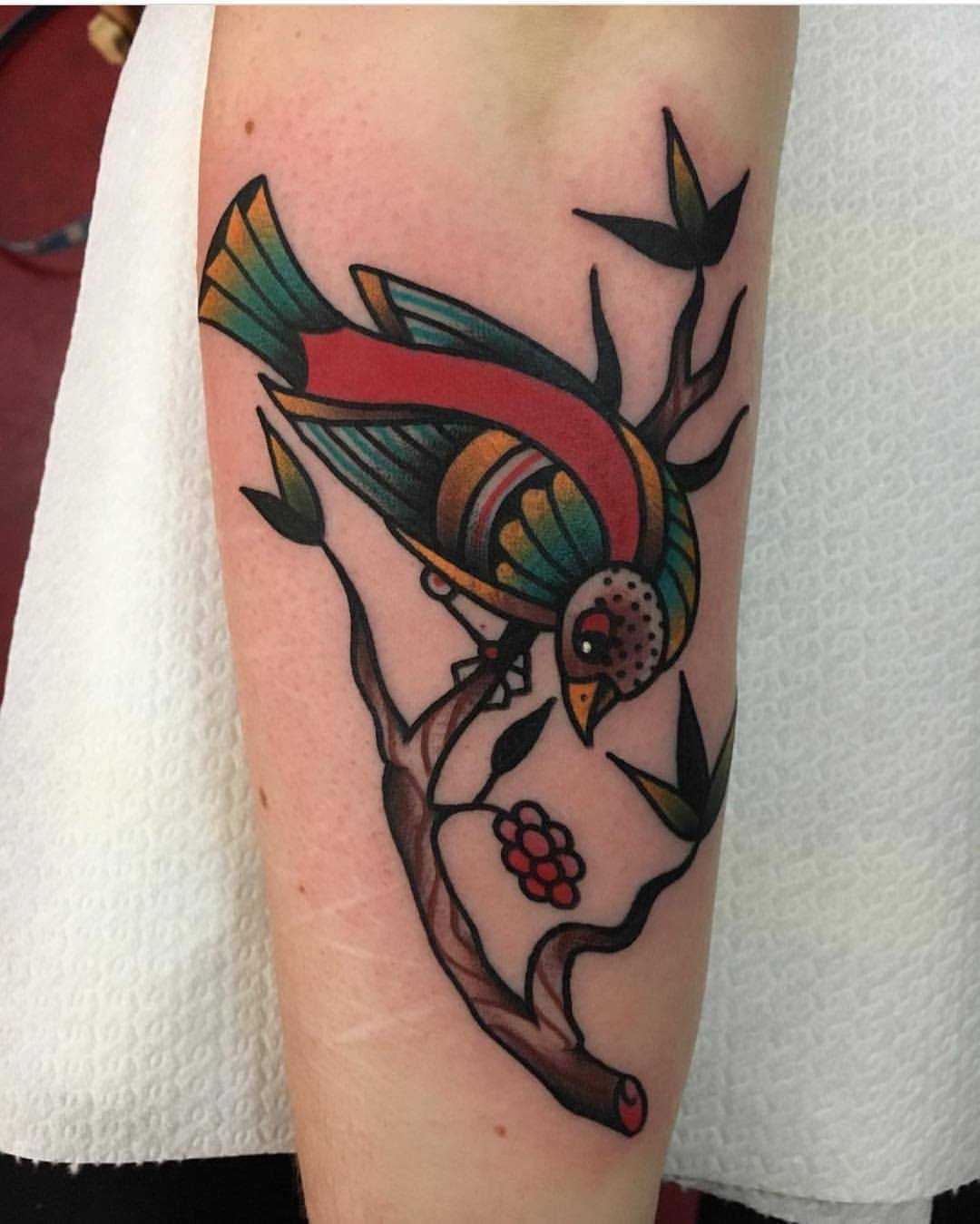 Bird on a branch tattoo by Jeroen Van Dijk