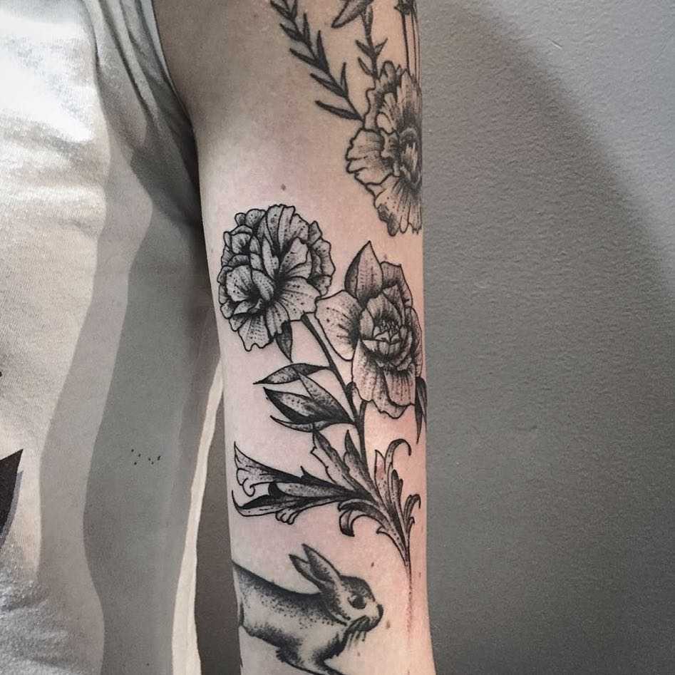 Black and grey flowers and rabbit