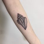 Blackwork shell tattoo on the forearm