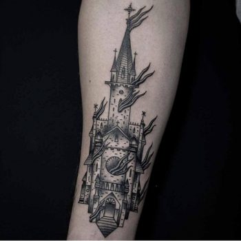Burning church tattoo by Andre Castcovil