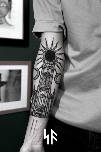 Church and black sun tattoo by SVA