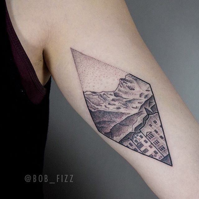 City and mountains tattoo by Bob Fizz
