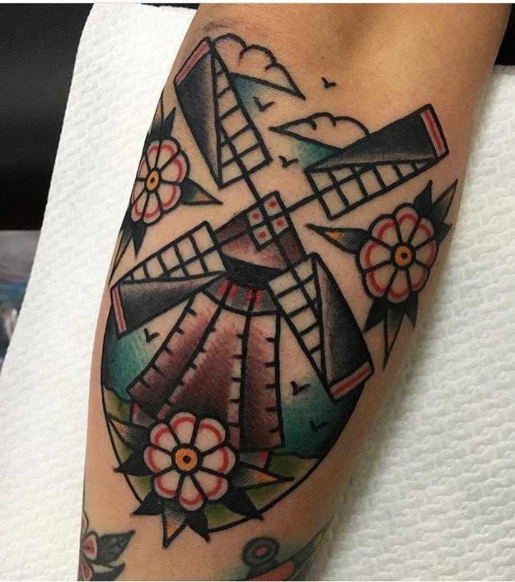 Classic windmill tattoo by Jeroen Van Dijk