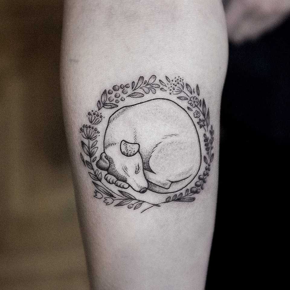 Curled-up puppy tattoo by Dogma Noir