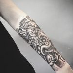 Dot-work floral octopus tattoo by Unkle Gregory