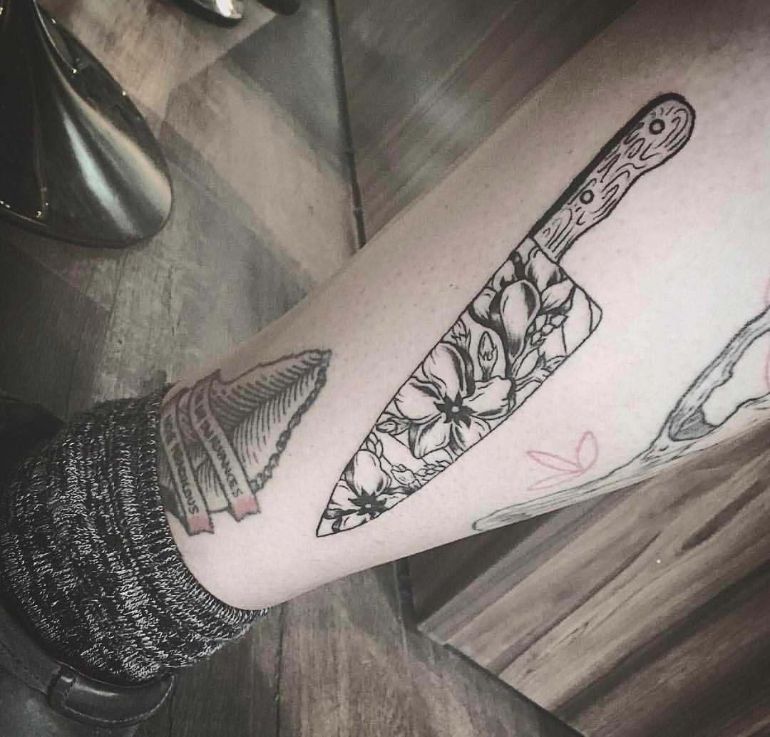 Floral knife tattoo by Taylor at Lil Indigo Studio