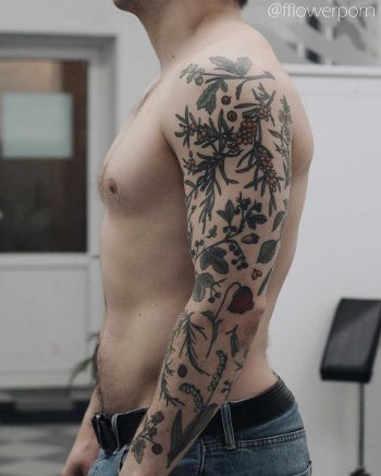 Floral sleeve tattoo by Olga Nekrasova