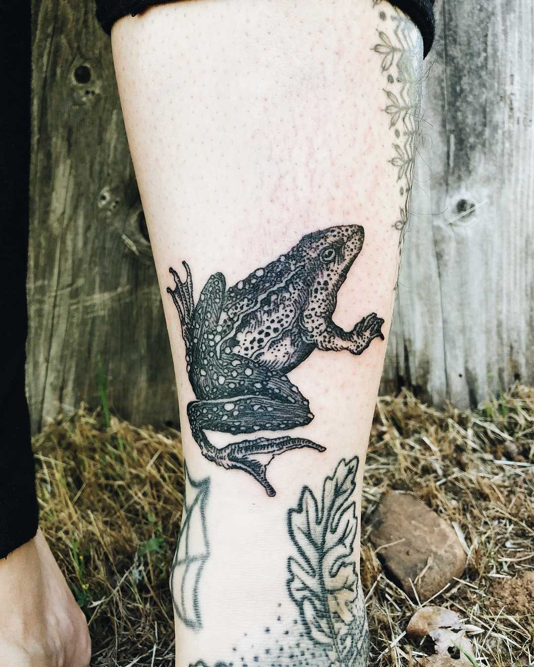 Frog tattoo on the shin