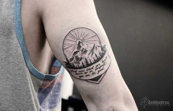 Mountain and quote tattoo by Andrew Szkotti