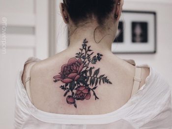 Peonies, fern, blueberry, and wild vetch tattoo