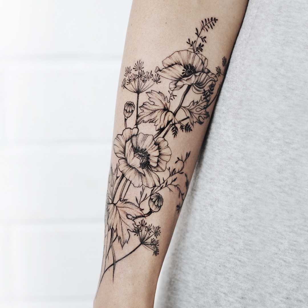 Tender poppies and wild flowers tattoo
