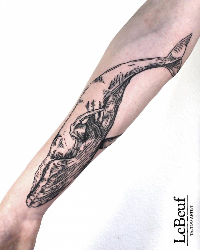 Woodcut whale tattoo by Loïc Lebeuf
