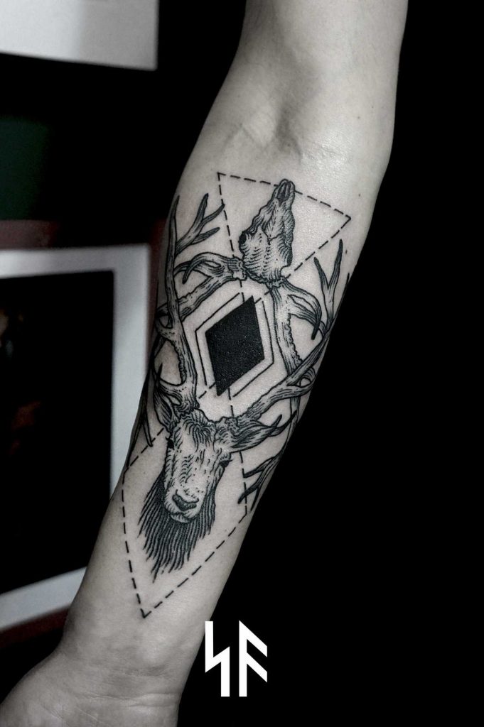 Deer and geometry tattoo by Andrei Svetov