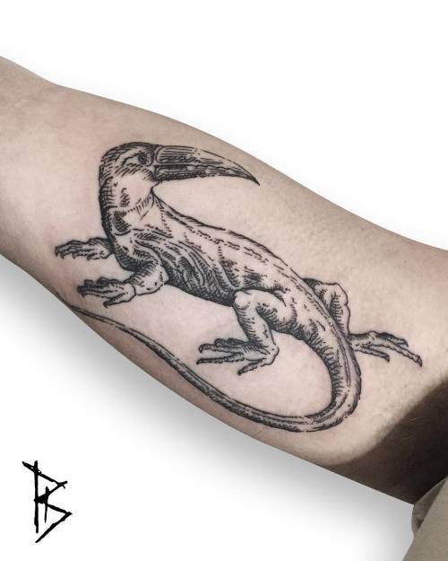 Engraving fantasy lizard tattoo by Loïc Lebeuf