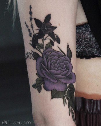 Garden rose, aquilegia, lavender, and lily of the valley tattoo