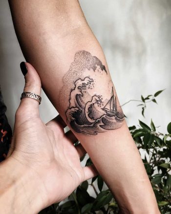 Ship in a sea tattoo by Sasha Kiseleva