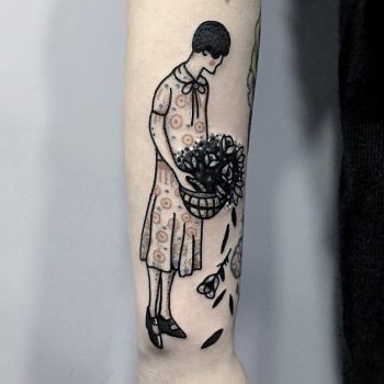 Woman with flowers by November Oak Branch