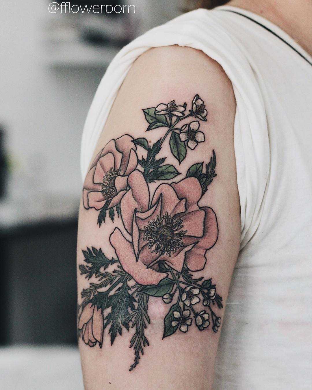 Anemones, apple blossoms, and rosemary tattoo