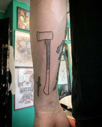 Big ax tattoo by Kirk Budden