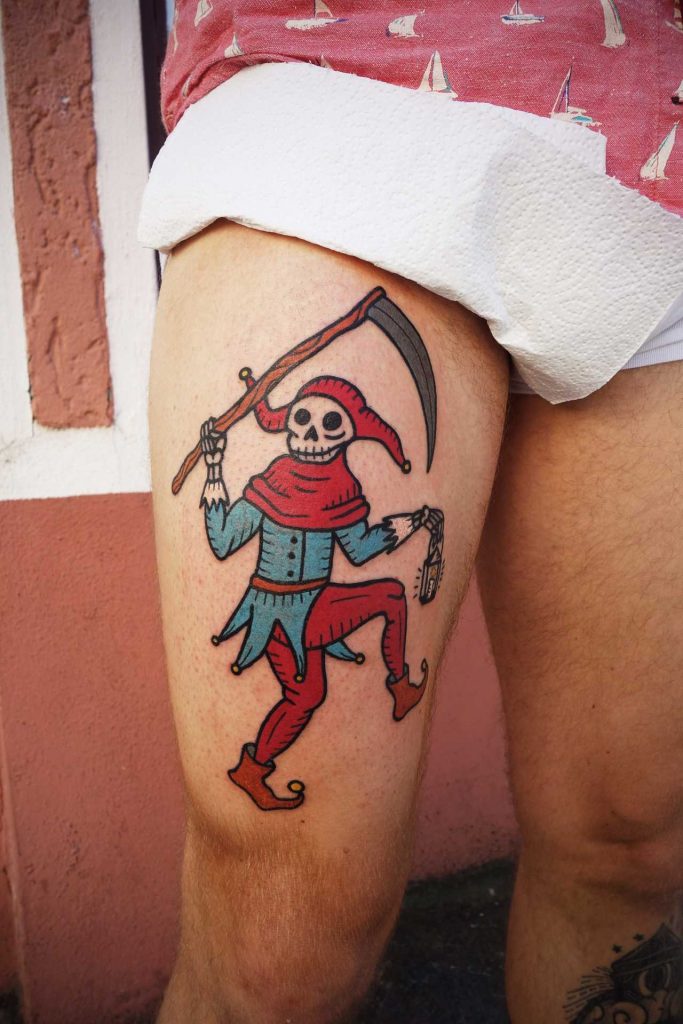 Colorful grim reaper tattoo