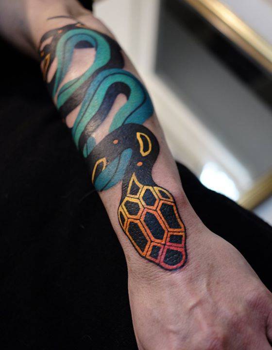 Colorful snake tattoo by Aleksy Marcinów