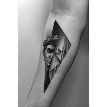 Greek bust and curtain tattoo by Pawel Indulski