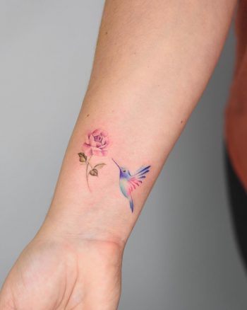 Little hummingbird and peony tattoo