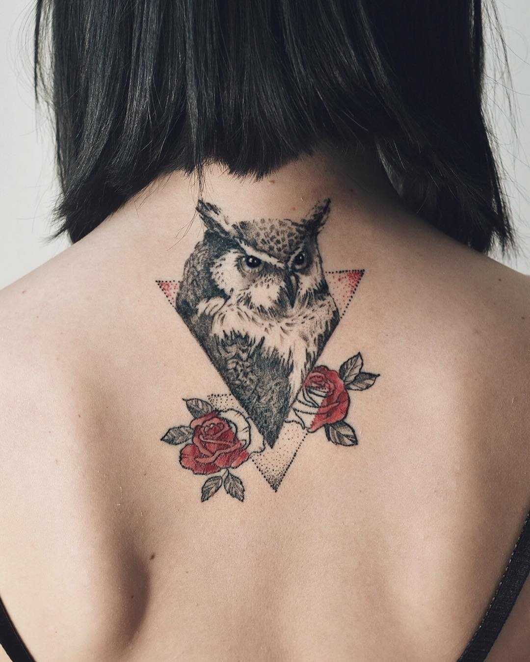 Owl and roses tattoo