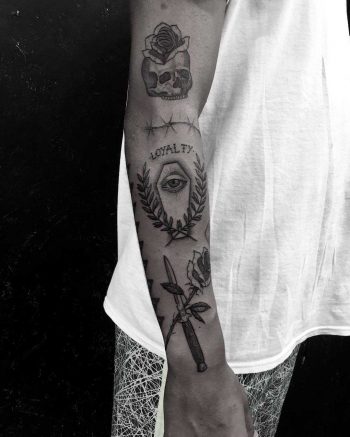 Patch tattoos on the right forearm