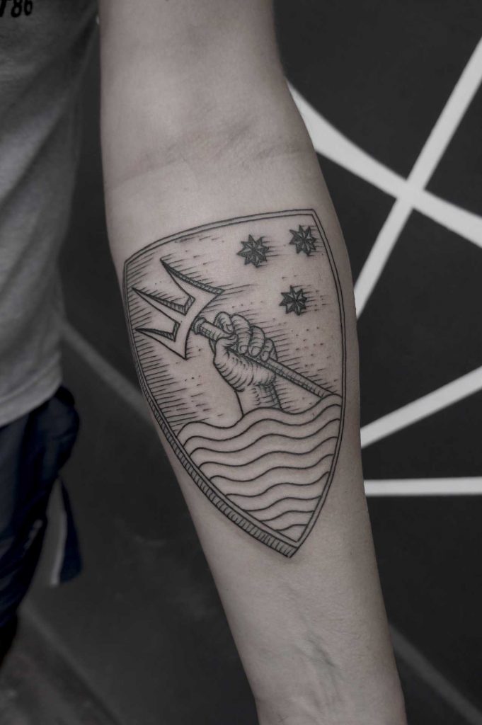 Poseidon’s shield tattoo by Andrei Svetov