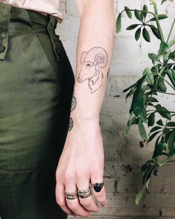 Aries ram with nautilus shells for horns tattoo by Kelli Kikcio