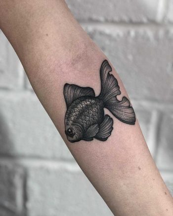 Black telescope fish tattoo by Lozzy Bones