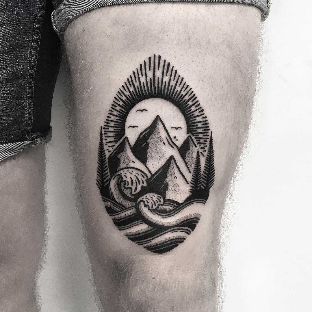 Blackwork mountains and waves by Pulled Poltergeist