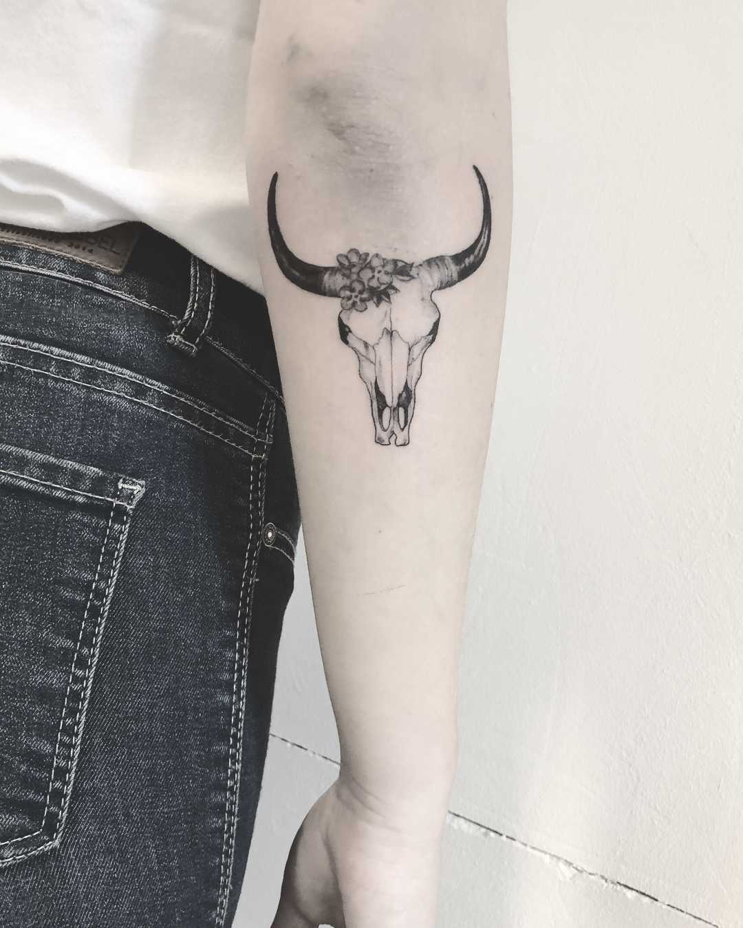 Bull skull tattoo by Annelie Fransson 