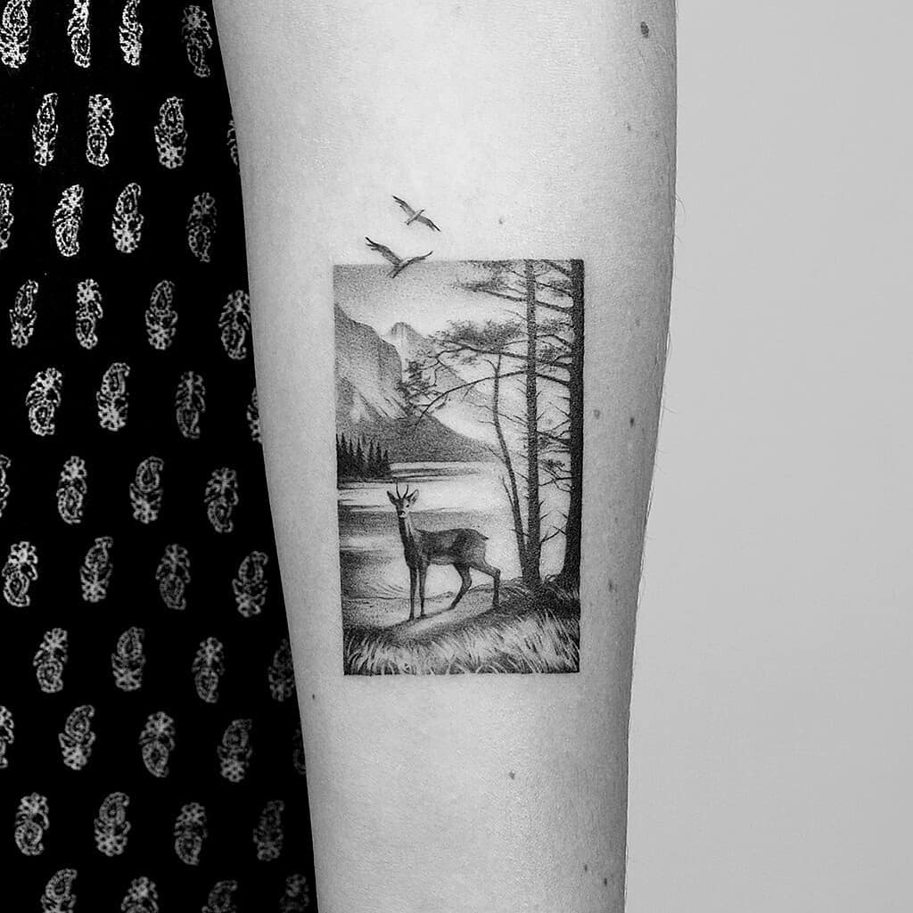 Deer in a forest tattoo by Amanda Piejak