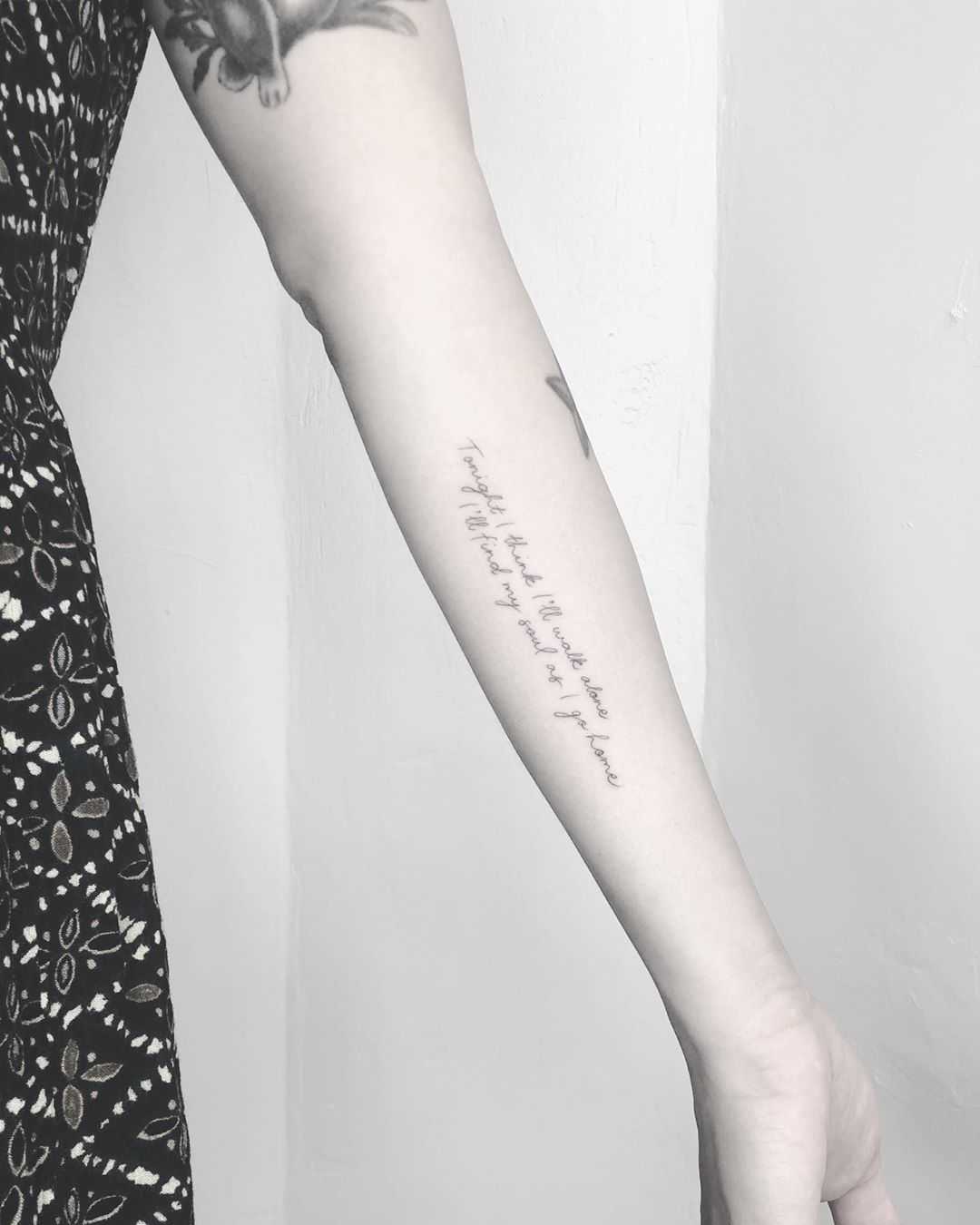 Fine line quote tattoo by Annelie Fransson