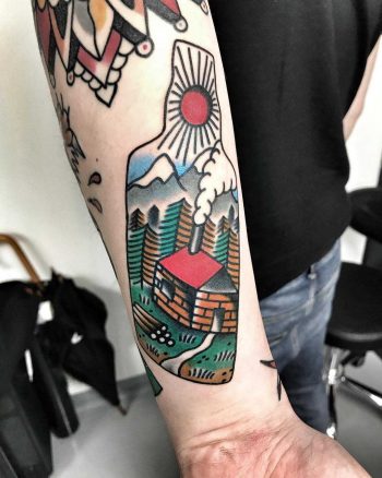 Landscape bottle tattoo by Mike Nofuck