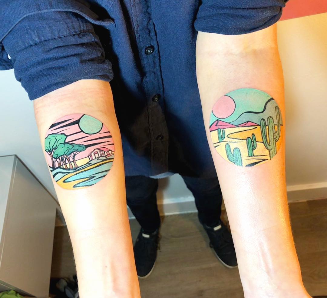 Two circular landscape tattoos by Eugene Dusty Past