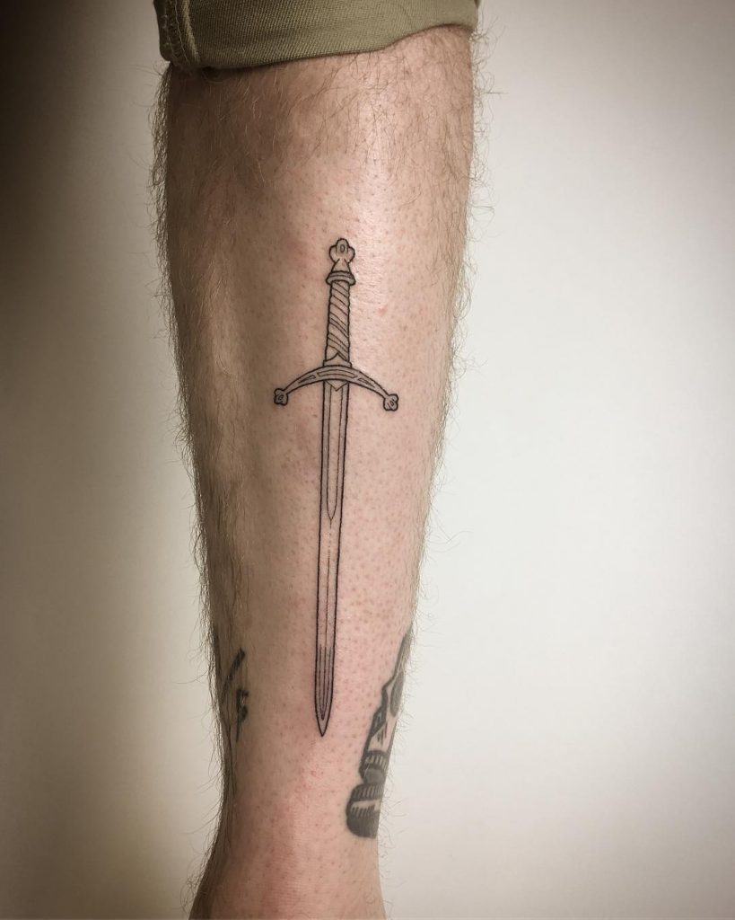 Two-handed broad sword tattoo by Kirk Budden