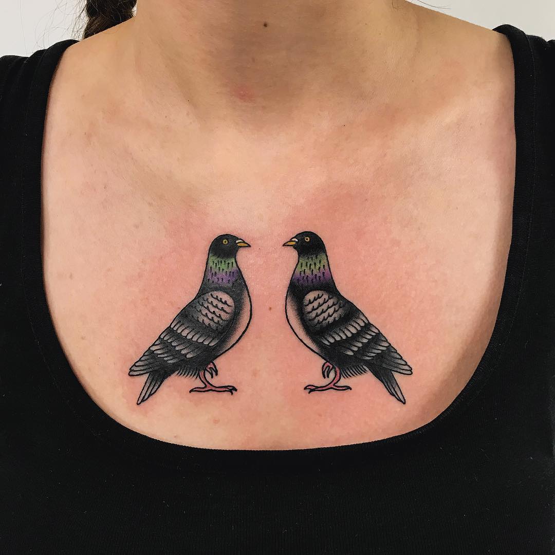 Two pigeon tattoos by Łukasz Krupiński